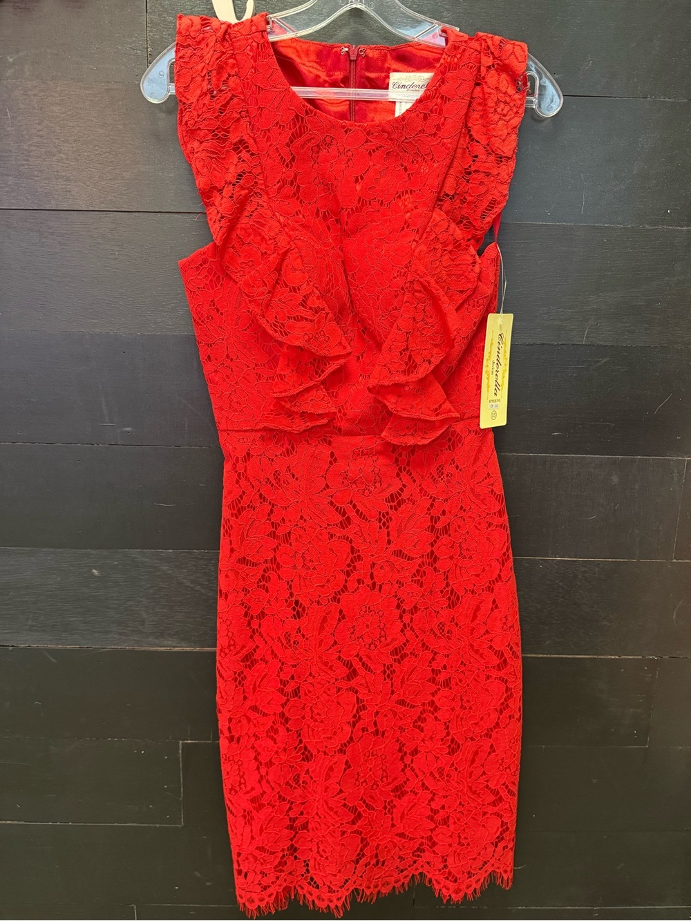 Red Lace Ruffle-Front Midi Dress